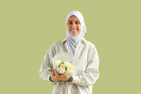 Young Muslim woman with tulips on green background. Ramadan celebrationの写真素材