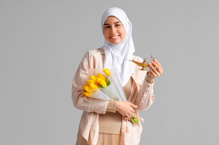 Young Muslim woman with Aladdin lamp and tulips on light background. Ramadan celebrationの写真素材