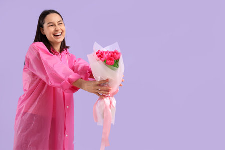 Young woman in raincoat with bouquet of tulips on lilac background. International Women's Dayの写真素材