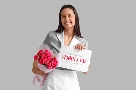 Young chambermaid with bouquet of tulips and greeting card on light background. International Women's Dayの写真素材