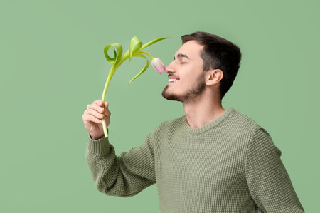 Young man with beautiful tulip on green background. International Women's Dayの写真素材