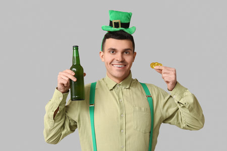 Happy young man with beer and golden coins on light background. St. Patrick's Dayの写真素材