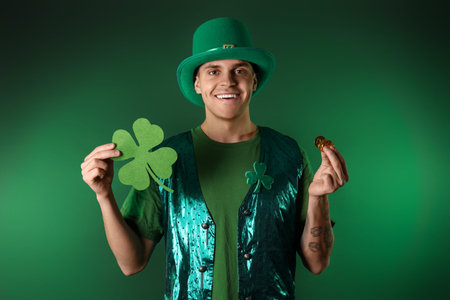 Young man with clover and coins on dark green background. St. Patrick's Day