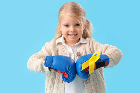 Cute little girl in boxing gloves with yellow ribbon on blue background. Childhood cancer awareness conceptの写真素材