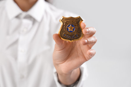 African-American female police officer with badge on white backgroundの写真素材