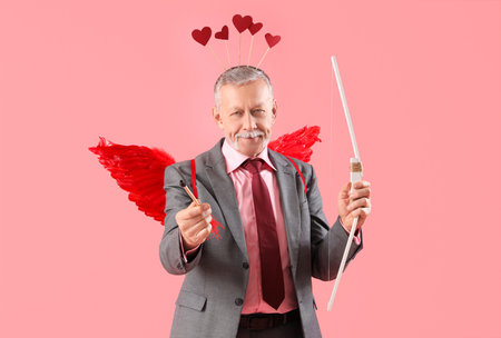Mature man dressed as Cupid with bow and arrow on pink background. Valentine's Day celebrationの写真素材