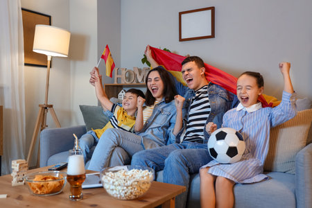 Happy family with Spanish flags watching football game on sofa at home in eveningの写真素材