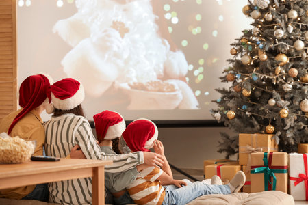 Family in Santa hats watching Christmas movie on projector screen at home, back viewの写真素材