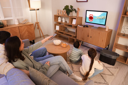 Family watching TV on sofa at home in evening