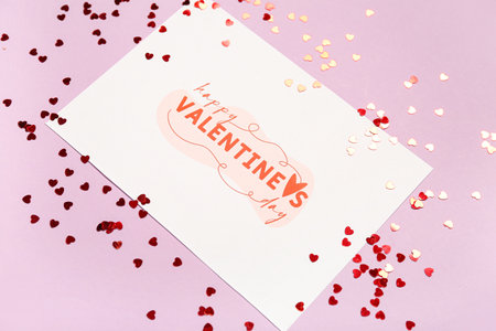 Card with text HAPPY VALENTINE'S DAY and red hearts on lilac backgroundの写真素材