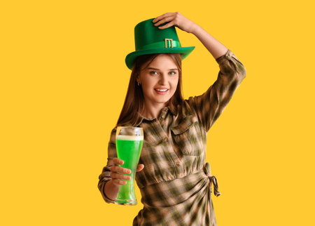 Young woman with beer on yellow background. St. Patrick's Day celebrationの写真素材