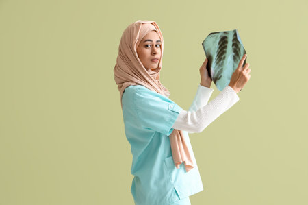 Female Muslim medical intern with x-ray image of lungs on green background