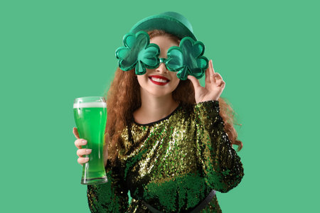 Young woman with beer on green background. St. Patrick's Day celebrationの写真素材
