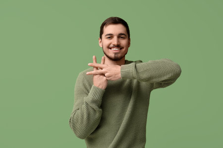 Handsome young man making hashtag sign with fingers on green backgroundの写真素材