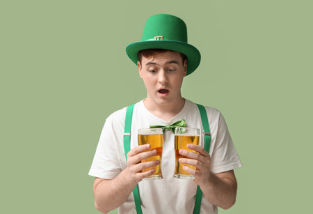 Shocked young man in leprechaun's hat with glasses of beer on green background. St. Patrick's Day...