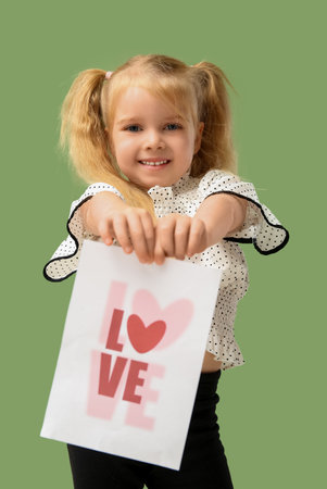Cute little girl holding greeting card with the word LOVE and heart on green background. Valentine's Day celebrationの写真素材