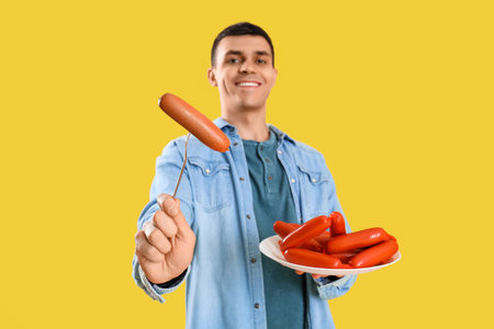Young man with tasty sausages on yellow backgroundの写真素材