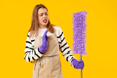 Annoyed woman with mop on yellow backgroundの写真素材