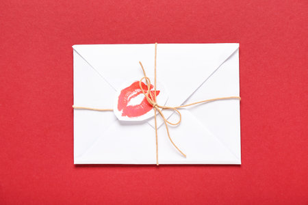 Envelope with lipstick kiss mark on color background. Valentine's Day celebrationの写真素材