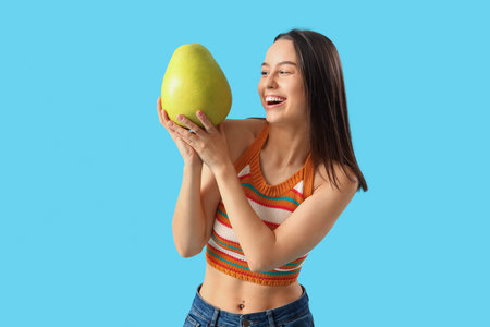 Pretty young woman with ripe pomelo on blue background