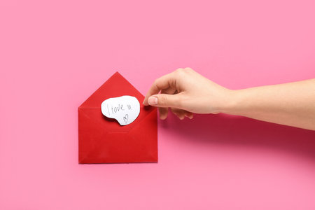 Female hand with red envelope and text I LOVE U on pink background, closeup. Valentine's Day celebrationの写真素材