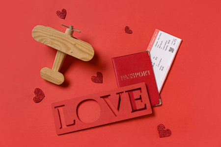 Word LOVE with passport, ticket, wooden airplane and hearts on red background. Valentine's Day celebrationの写真素材