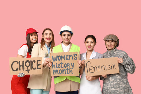 Women of different professions holding cardboard pieces with different text on pink background. Women history monthの写真素材