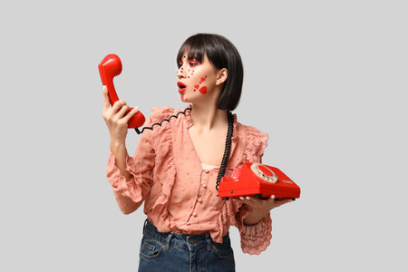 Beautiful young young woman with creative makeup for Valentines Day and retro telephone on gray backgroundの写真素材