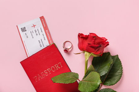 Passport with ticket, ring and flower on pink background. Valentine's Day celebrationの写真素材