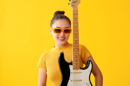 Young woman with electric guitar on yellow backgroundの写真素材