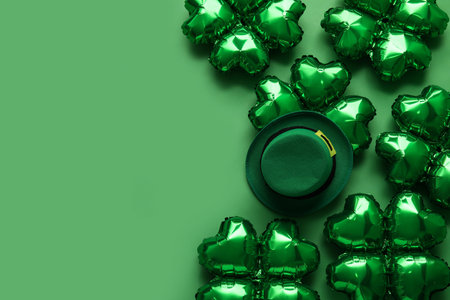 Balloons in shape of clover and leprechaun's hat on green background. St. Patrick's Day celebration
