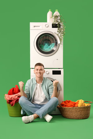 Happy young man with laundry baskets sitting near washing machines on green backgroundの写真素材