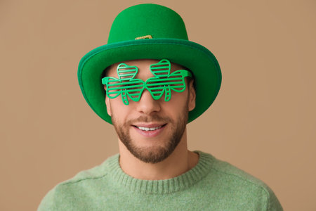 Young man in leprechaun hat and decorative glasses in shape of clover on brown background. St. Patrick's Day celebrationの写真素材