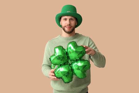 Young man in leprechaun hat with air balloon in shape of clover on brown background. St. Patrick's Day celebrationの写真素材