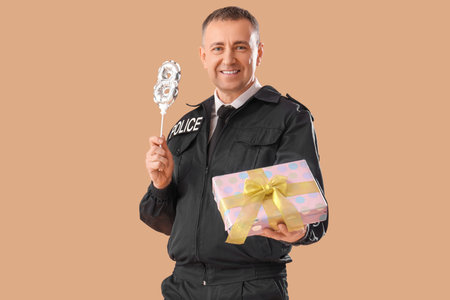 Policeman with balloon in shape of figure 8 and gift on beige background. International Women's Day