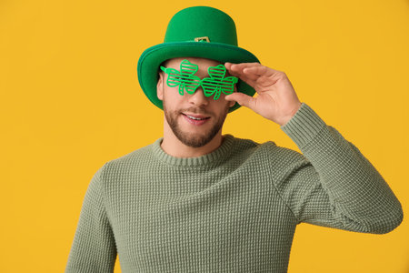 Young man in leprechaun hat and decorative glasses in shape of clover on yellow background. St. Patrick's Day celebrationの写真素材