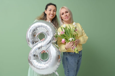Mature women with bouquet of beautiful tulips and silver air balloon in shape of figure 8 on green...