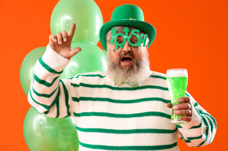 Shocked mature man with beer and balloons pointing at something on orange background. St. Patrick's...