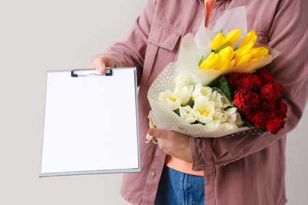 Delivery man with flowers and clipboard on light background, closeupの写真素材