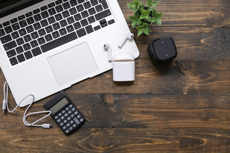 Set of modern gadgets and houseplant on wooden background