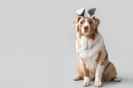 Cute Australian Shepherd dog in bunny ears on light background. Easter celebrationの写真素材