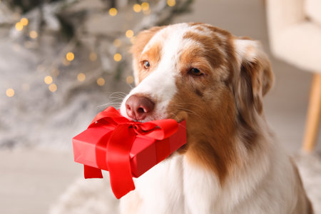 Cute Australian Shepherd dog with gift box at home on Christmas Eve, closeupの写真素材