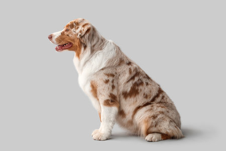 Cute Australian Shepherd dog on light backgroundの写真素材