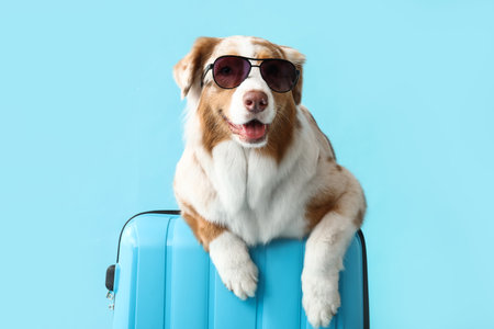 Cute Australian Shepherd dog in sunglasses with suitcase on blue background. Travel conceptの写真素材