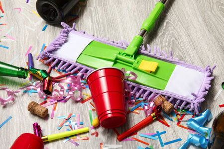 Mop with mess on light wooden floor after party, closeupの写真素材