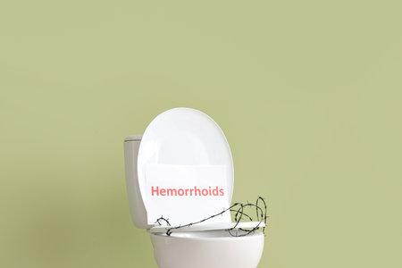 Toilet bowl with word HEMORRHOIDS and barbed wire on green backgroundの写真素材