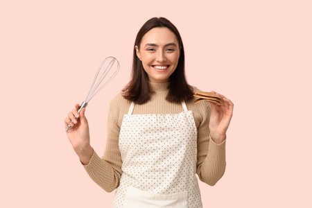 Happy young woman with tasty pancakes and whiskey on pink backgroundの写真素材