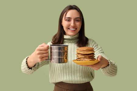 Happy young woman with tasty pancakes and mug on green background