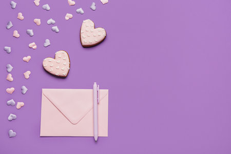 Heart shaped sweet cookies and envelope on purple background. Valentine's day celebrationの写真素材