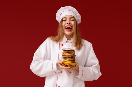 Happy young female chef with tasty pancakes on red backgroundの写真素材